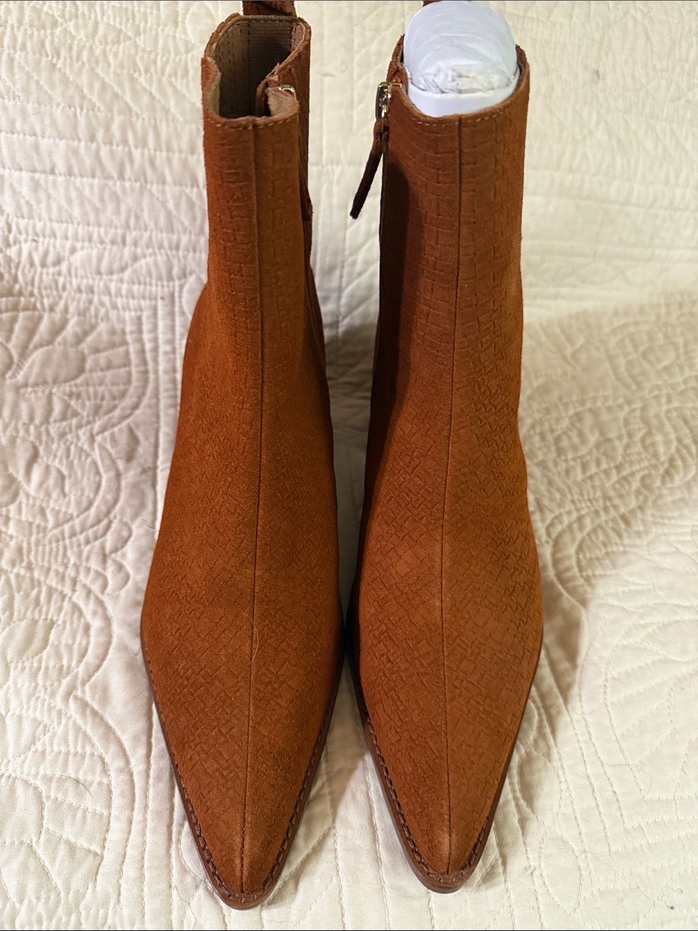 Kelsi Dagger Pointed Tan Suede Ankle Booties with Side Zip